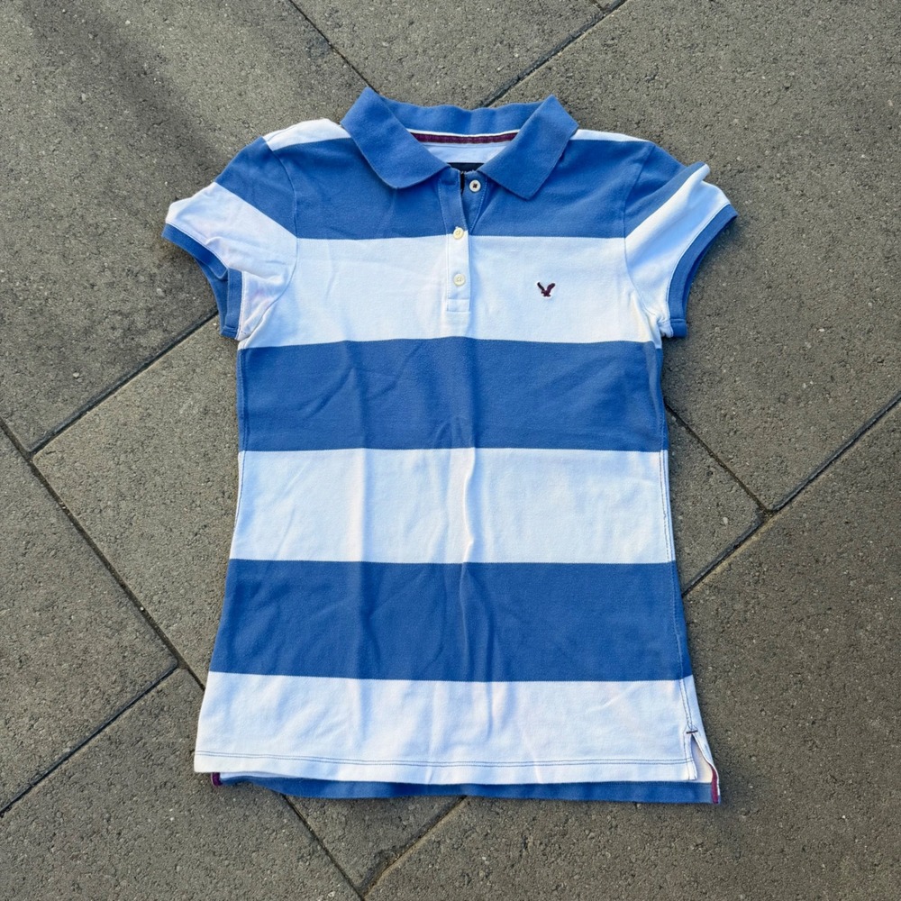 American Eagle Outfitters Womens Blue White Striped Polo Shirt Medium